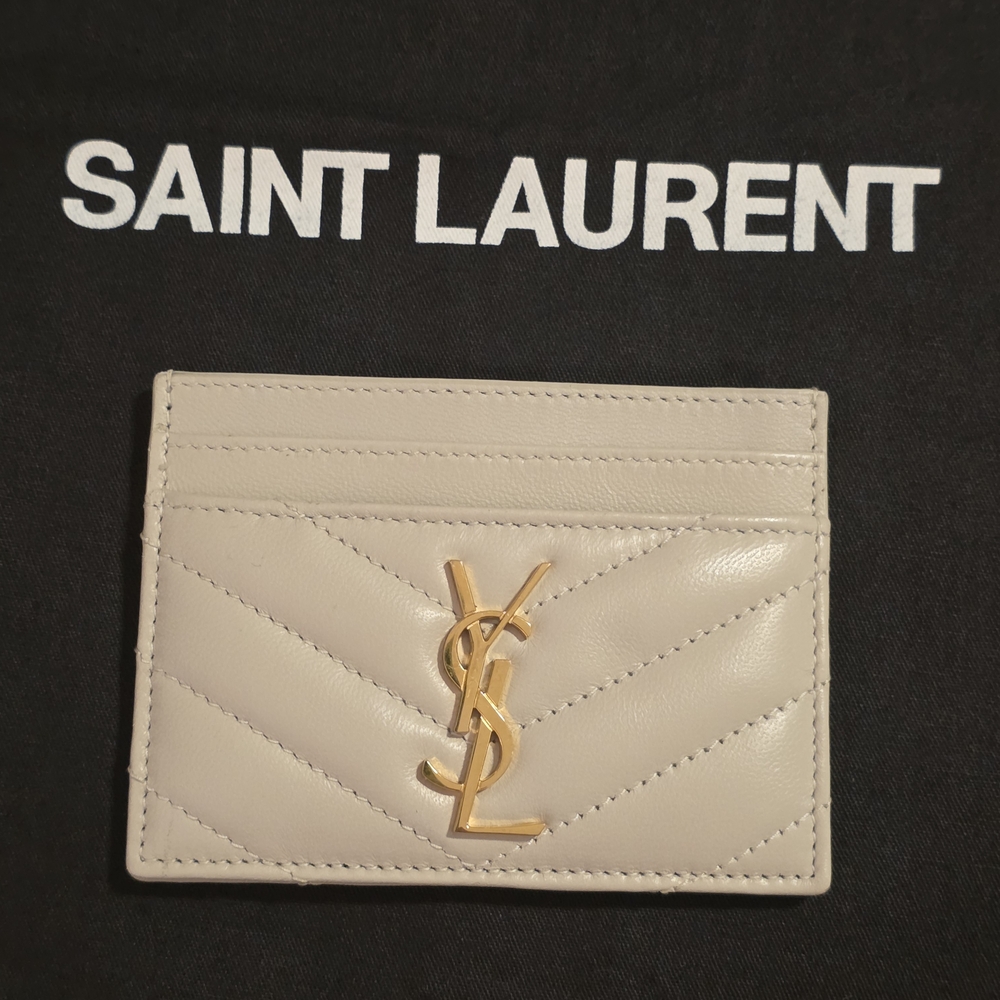 Saint Laurent Cream Card Holder with Gold Logo